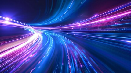 Fototapeta na wymiar Abstract technology futuristic glowing blue and purple light lines with speed motion blur effect on dark blue background.