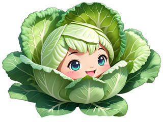 Funny green cabbage cartoon character. Ripe vegetable.