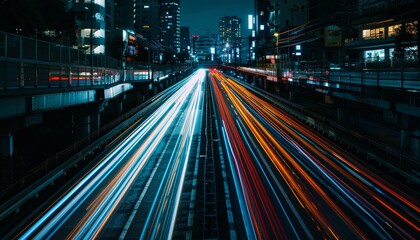 Fototapeta na wymiar Urban night traffic high speed cars in motion on illuminated city highway with blurred light trails