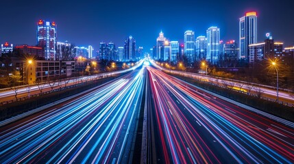 Obraz premium Urban night traffic blurred cars in motion on illuminated highways with long exposure light trails
