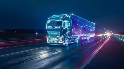 Futuristic Technology Concept Autonomous Semi Truck with Cargo Trailer Drives at Night on the Road with Sensors Scanning Surrounding. Special Effects of Self Driving Truck Digitalizing Freeway