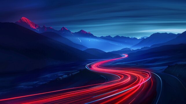 Car speed lights. Glowing trail, highway road line, fast and long night exposure, red lane blurred effect. Mountains and night sky.