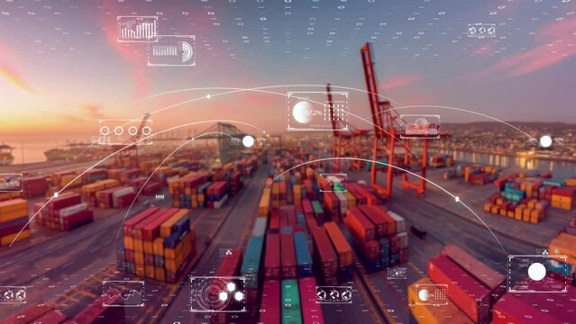 Futuristic port with container stacks, orange sunset, and digital interface elements, logistics efficiency.