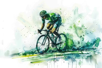 Green watercolor painting of professional cyclist in road bike race