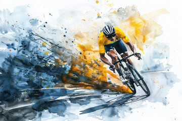 Yellow watercolor painting of professional cyclist in road bike race