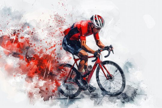 Red watercolor painting of professional cyclist in road bike race
