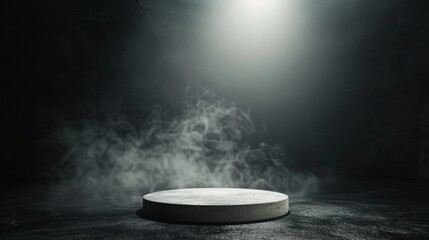 Empty space of Round white podium or pedestal in studio dark room black concrete floor grunge texture background with smoke and spotlight.