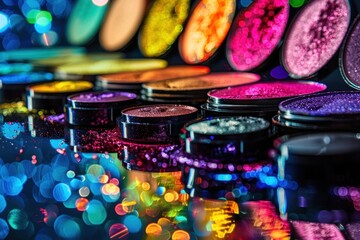 Colorful Eyeshadows in Round Containers with Reflection on Black Surface and Copy Space for Makeup Product Advertisement. - obrazy, fototapety, plakaty