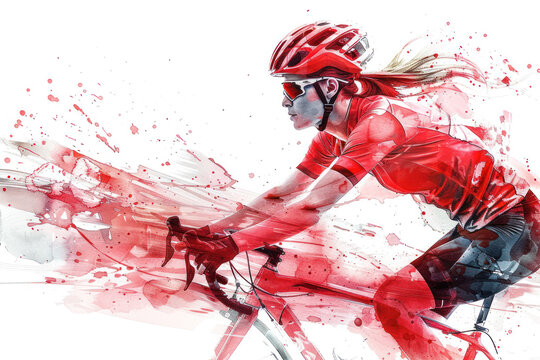 red watercolor painting of side view woman cyclist in road bike