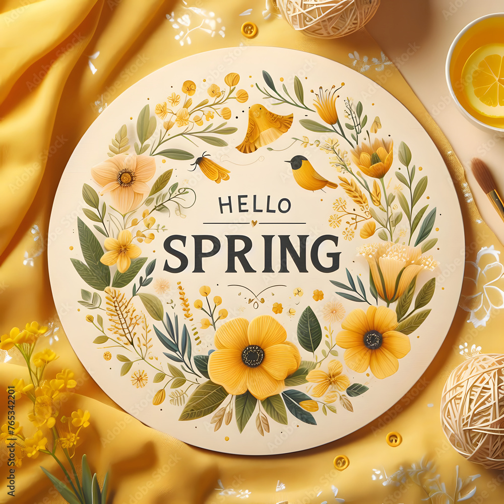Poster hello spring welcome spring floral background generative by ai