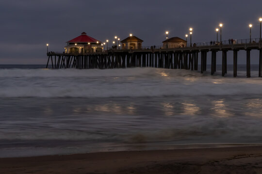 Slow Exposure of Huntington Beach Pier During Blue Hour, California, USA, horizontal