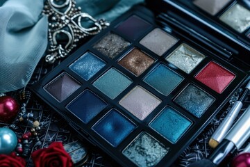 Close-Up of Colorful Makeup Palette with Vibrant Eyeshadows and Makeup Brush on Elegant Black Lace Background, Beauty and Fashion Concept - obrazy, fototapety, plakaty