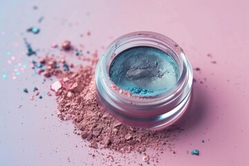 Close-up of a Jar of Blue Powder Makeup Isolated on Pink Background, Beauty Product for Professional Makeup Artists, Cosmetic Concept