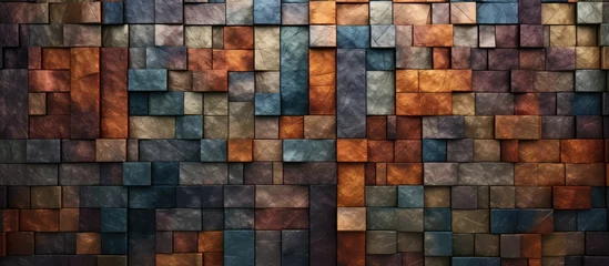 Fotobehang A wooden flooring art piece resembling a brick wall with rectangular patterns in electric blue. It is a unique building material for events © TheWaterMeloonProjec