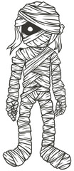 Illustration, line art, mummy character, black and white, transparent background