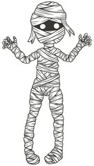 Illustration, line art, mummy character, black and white, transparent background