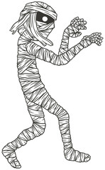 Illustration, line art, mummy character, black and white, transparent background
