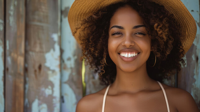 Stunning and beautiful topmodel smiling and looking at camera.