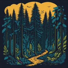 forest in flat illustration for t-shirt design