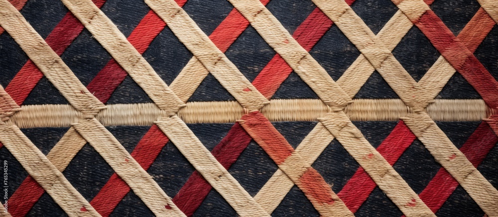 Poster a close up of a wooden lattice displaying a symmetrical pattern of red and white stripes, resembling
