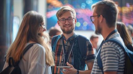 People talking at a science technology conference with students and IT experts.