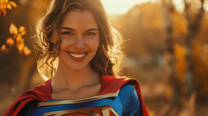 Stunning and beautiful topmodel mother in V-neck superhero costume smiling and amazed.