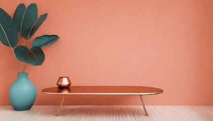 interior background with copper coffee table over coral wall 3d render