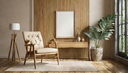 Room interior mock up in beige tones with wooden chair 