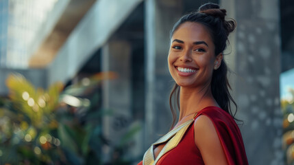 Stunning and beautiful topmodel mother in V-neck superhero costume smiling and amazed.