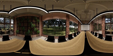3d illustration spherical 360 vr degrees, a seamless panorama of the room and office. interior design 3D rendering.reception in a modern panoramic office - obrazy, fototapety, plakaty