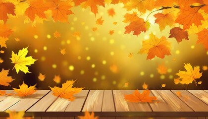 Naklejka na ściany i meble maple leaves background with natural falling yellow and orange leaves and a wooden table illustration