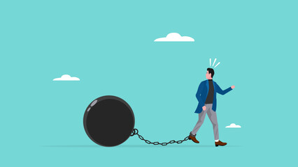 Businessman Chained to weight burden ball concept illustration, Debt burden, financial obligation or loan payment, solving mortgage or money loan problems, Debt burden risk from high interest rate