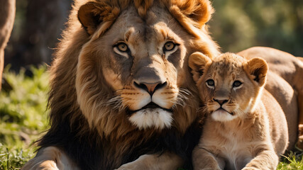 Big lion and cub as wild animal in the nature habitat. AI generated image, ai