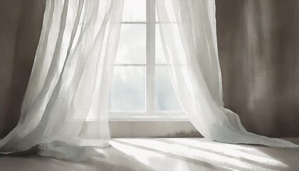 a minimalistic background featuring a large window with curtains gently billowing in the breeze the light pouring through creates a play of shadows on a textured linencovered