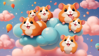 Illustrations of hamsters riding on clouds with a soft color palette