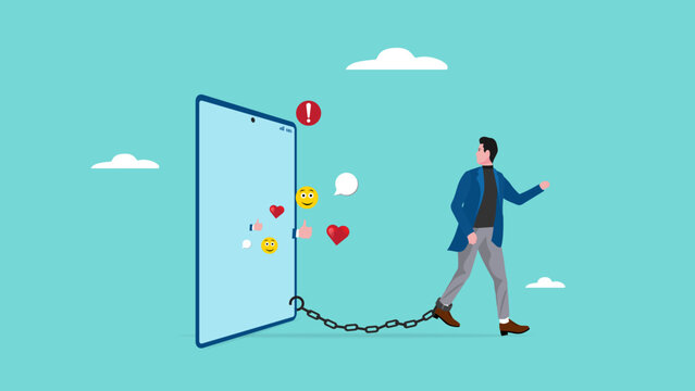 nomophobia or no mobile phone phobia, overusing mobile phone concept, business people who are afraid to remove from mobile phone connectivity, Businessman Chained to Big Smart Phone illustration