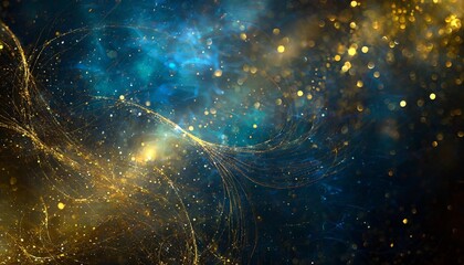 abstract blue and gold background with particles golden dust light sparkle and star shape on dark endless space wallpaper christmas new year s eve cosmos theme shiny fantasy galaxy concept