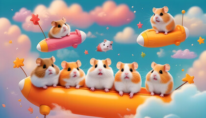 Naklejka premium Illustrations of hamsters riding on clouds, with a soft color palette