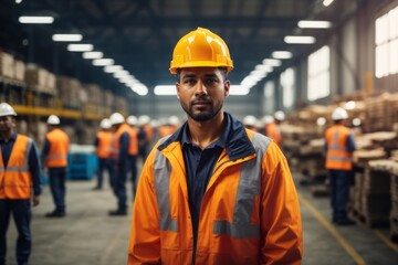 Industrial workers in factory warehouse wearing hat and safety suit