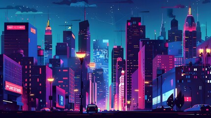 Nighttime Urban Skyline with City Lights - obrazy, fototapety, plakaty