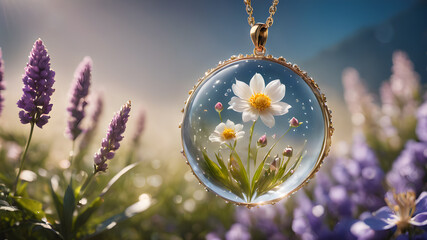 Beautiful pendant with flowers in resin. pendant necklace.  AI generated image, ai
