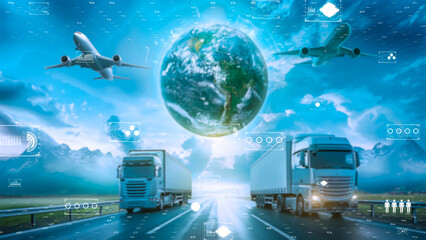 International shipping and trucking routes visualized on a digital Earth, dynamic transport data flow.