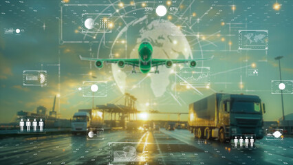 International shipping and trucking routes visualized on a digital Earth, dynamic transport data flow.