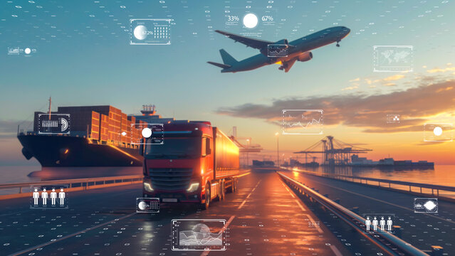 International shipping and trucking routes visualized on a digital Earth, dynamic transport data flow.