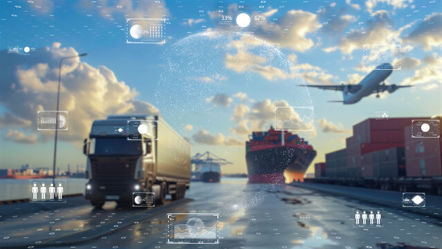 International shipping and trucking routes visualized on a digital Earth, dynamic transport data flow.