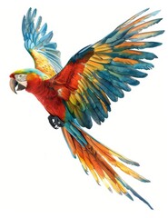 Vibrant flying macaw parrot illustration - An artistically rendered illustration of a macaw parrot in flight, showcasing vibrant colors