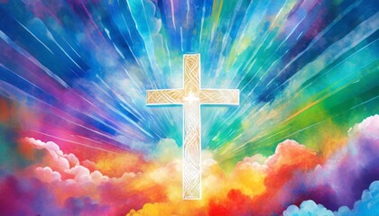jesus cross symbol on colorful clouds background colorful clouds background with christian cross in the middle christian religion cross on spiritual background - obrazy, fototapety, plakaty