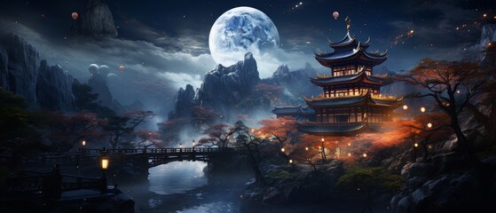 Buddhist temple at night. Generative AI