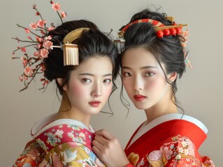 Traditional Japanese women posing together - Two women adorned in colorful traditional kimonos and classic hairstyles pose