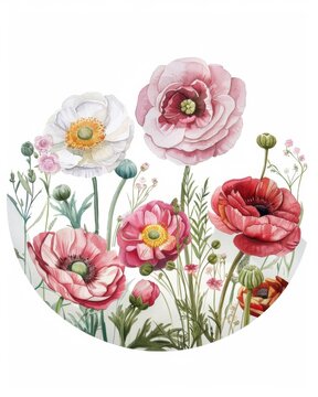 Bouquet of watercolor poppies in circular - Artistic bouquet of assorted watercolor poppies arranged in circular composition, full of vibrant colors